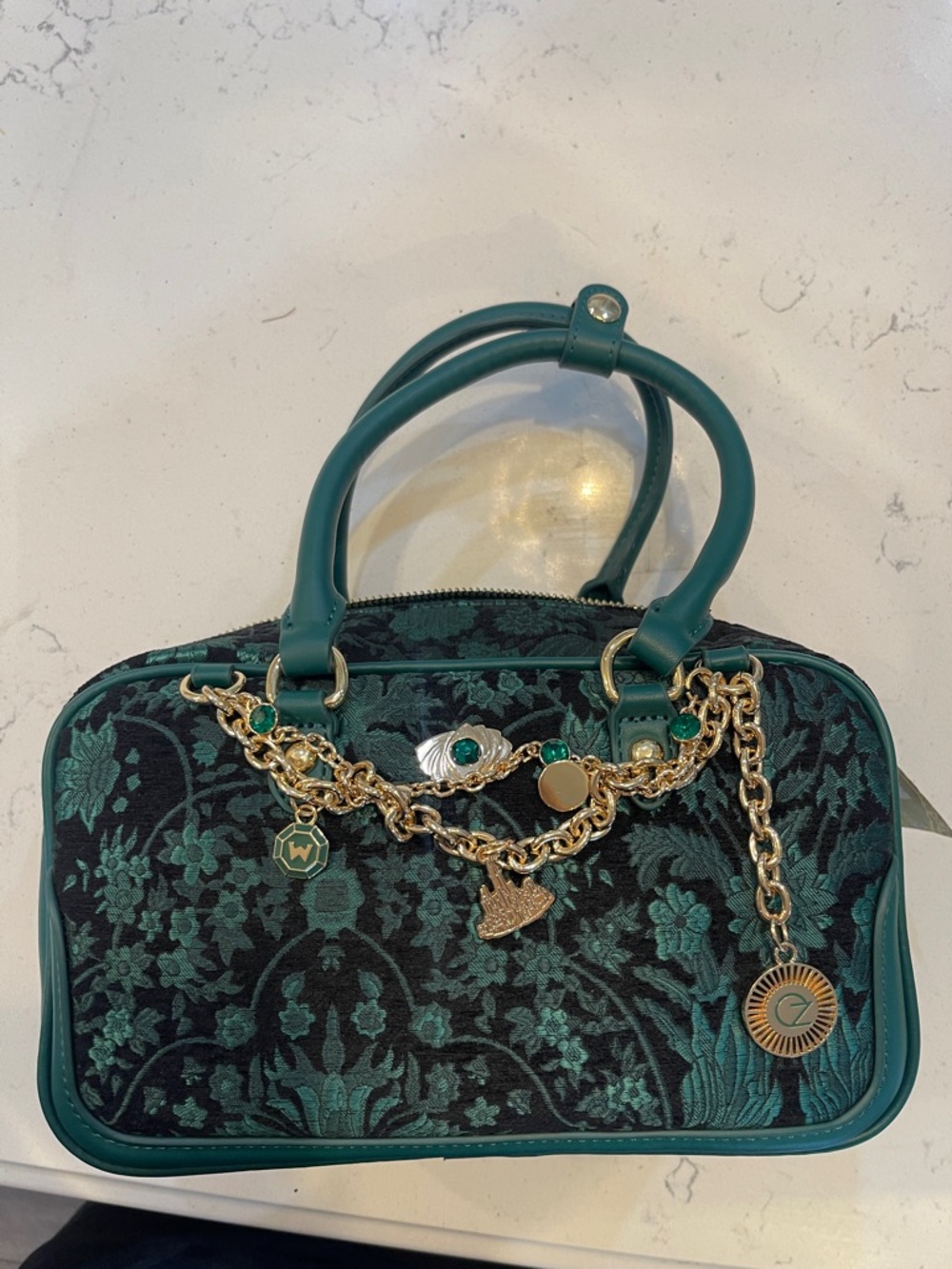 Wicked Her Universe Green Floral Jacquard Top-Handle Bag with Gold Charm Chain
